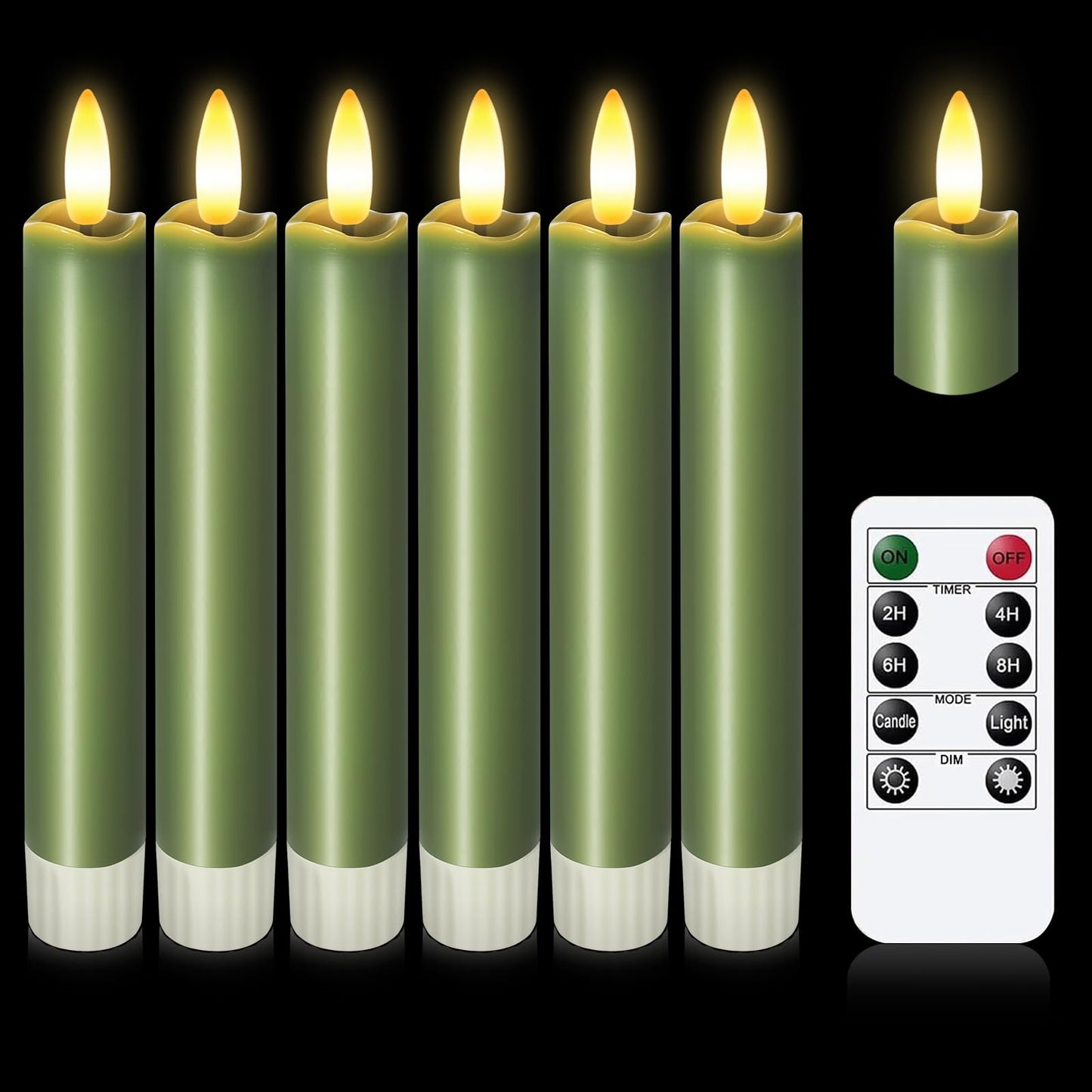 KSWING Upgraded Real Wax Short LED Flameless Green Taper Candles with Remote, 6 PCS Candlesticks Battery Operated - 6" Realistic Fake Candle Sticks for Home/Wedding/Fireplace Xmas Decor