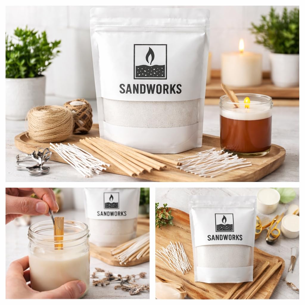 SANDWORKS Sand Wax Candle Making Kit – 5 Wooden Wicks & 15 Cotton Wicks, 500 g Premium Fragrance-Free Sand Wax (Sage Drift)