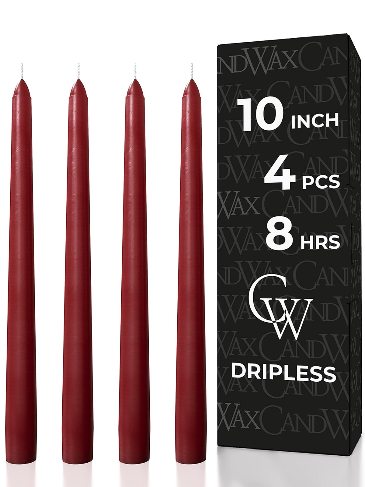 CANDWAX Burgundy 10 inch Taper Candles Pack of 4 - Unscented Dripless Burgundy Candlesticks - Perfect as Christmas Decorations and Home Decor for Dinner Table Centerpieces - Christmas Taper Candles