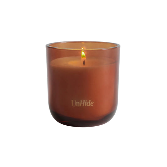UnHide The Amber Candle - 50 Hour Burn Time - Notes of Amber, Nutmeg, Patchouli, Vanilla, Musk, Clove - Aromatic and Fragrant Soy Wax Blend Candle - 7.5 oz