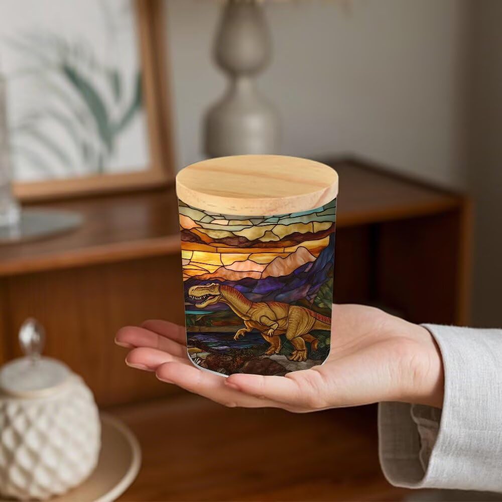 Stained Glass Dinosaur Tea Light Candle Holders, Volcanic Landscape Tealight Candle Holder Jar with Wooden Lid, Votive Candlesticks for Table Centerpieces, Christmas,Birthday Party,Home Decor
