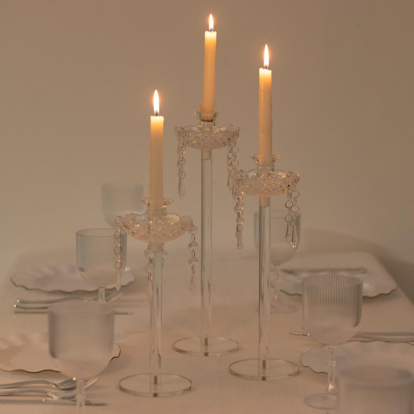 Efavormart Set of 3 Acrylic Candle Holders with Hanging Bead & Prism Accents – Taper Candlestick Stands - 11",13",15"