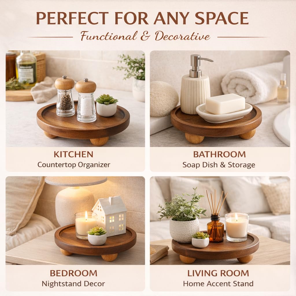 Wooden Riser for Display, 5 Inch Round Wood Riser Pedestal Stand, Small Round Wooden Tray & Wood Pedestal Tray, Elevated Tray for Candles Plants Bottles Vases, Farmhouse Tabletop Entry Table Centerpiece Decor