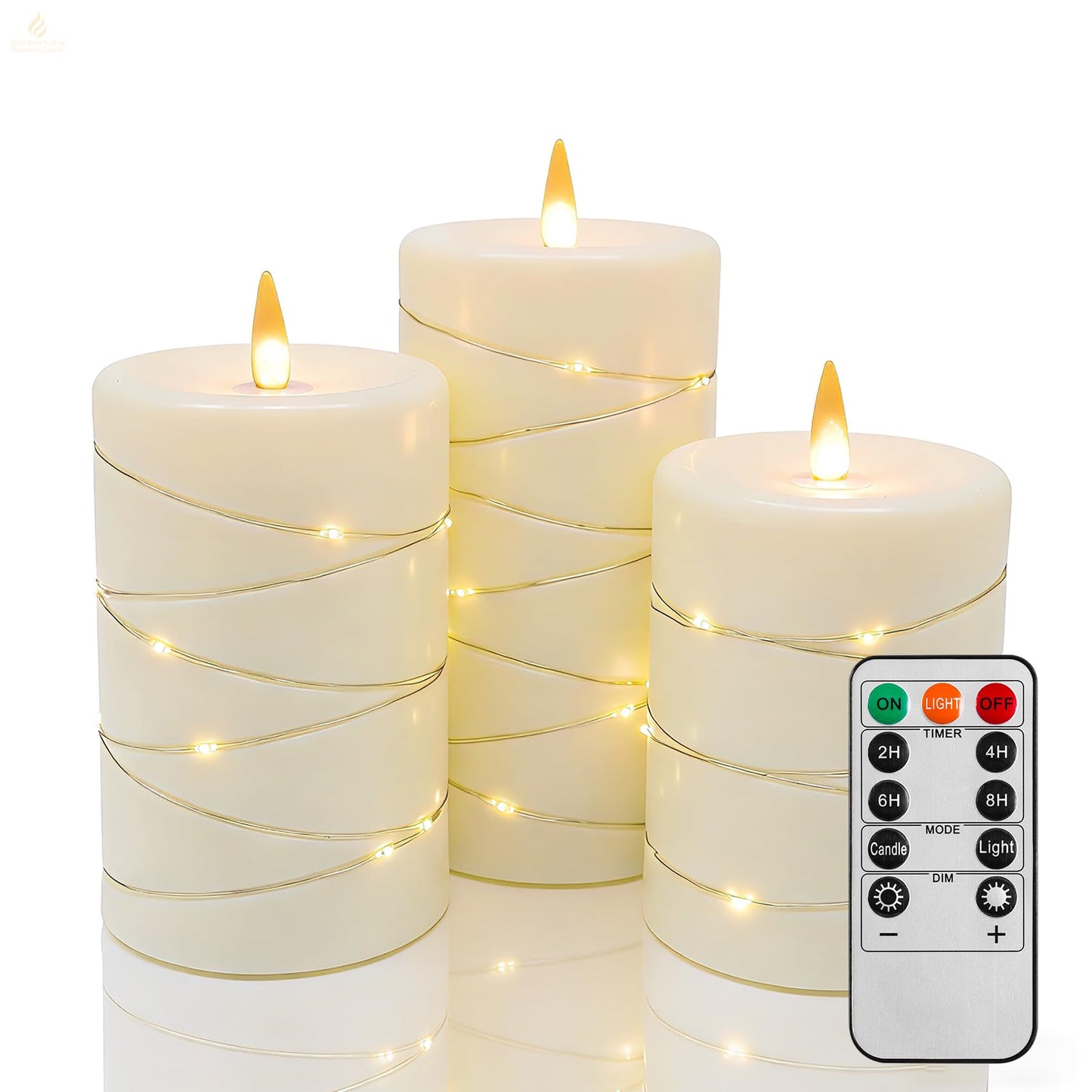 Flickering flameless candles, battery-powered, with string lights, remote control and timer functions, LED pillar candles (3-piece set) in ivory, suitable for home, party, and other decorations