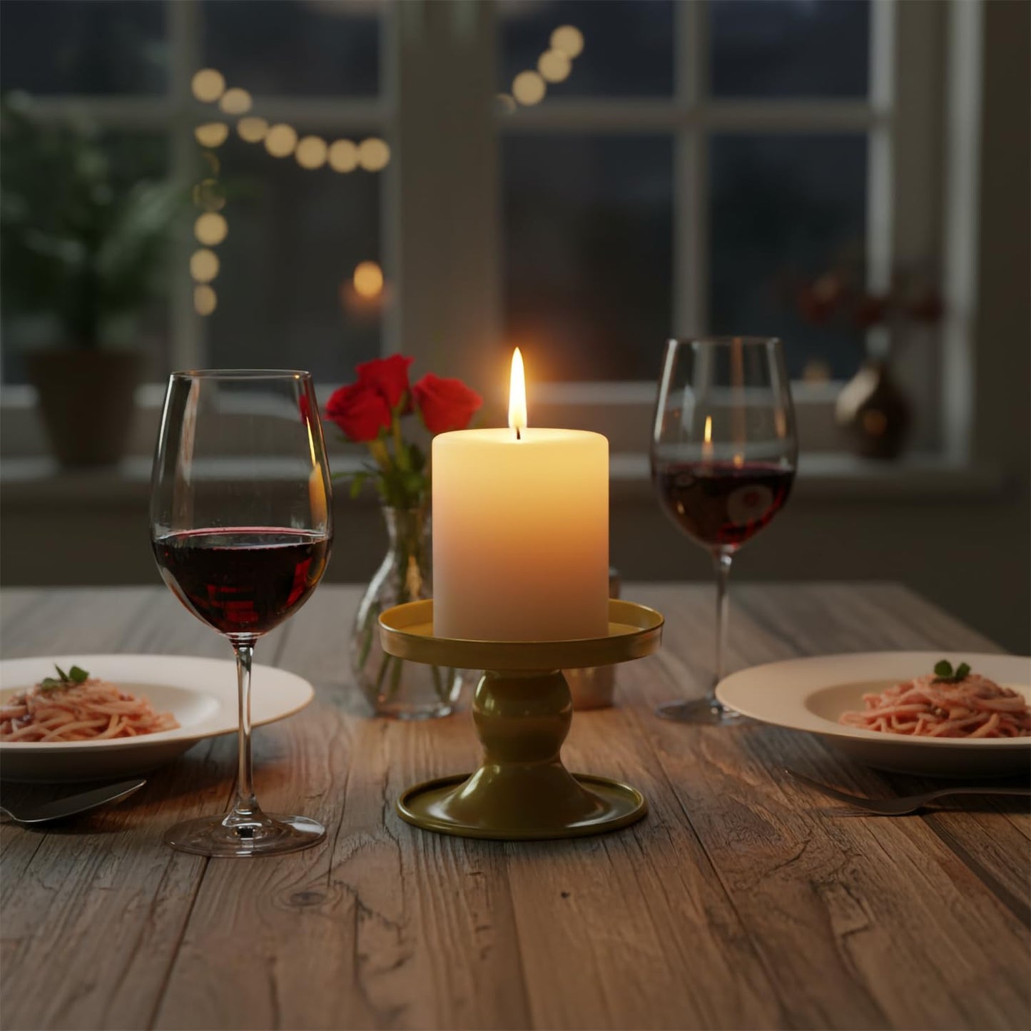 Table Gold Candle Holders – Set of 2 | Reversible Metal Candle Stand for Pillar & Taper Candles | Stylish Tabletop Candle Tray for Home Décor, Weddings & Special Occasions (Gold)