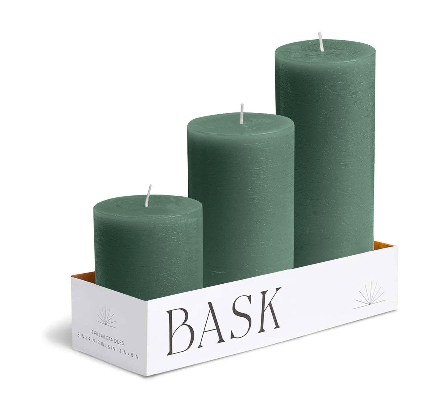 BASK Mottled Dark Green Pillar Candles - Unscented, Dripless, Smokeless Set of 3 for All Occasions