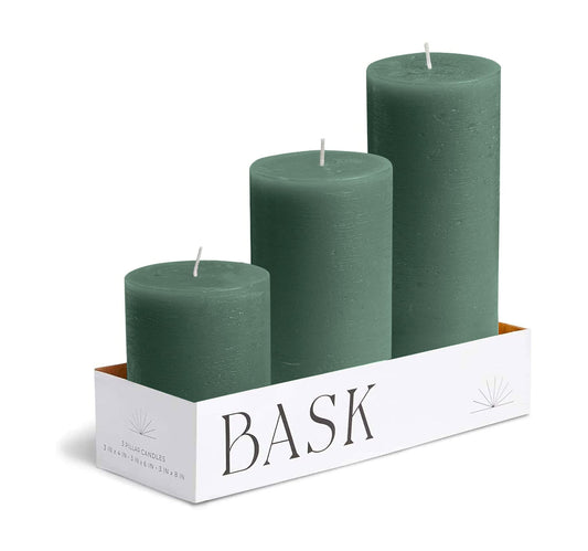 BASK Mottled Dark Green Pillar Candles - Unscented, Dripless, Smokeless Set of 3 for All Occasions