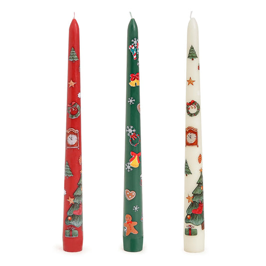 Sungmor Christmas Taper Candlesticks, Beautiful 3-Color Decal Crafts, 10" Long Decorative Candles, Scented & Colored Tall Candlesticks, Long Burning & Smokeless Tapered Holiday Party Celebrate Candle