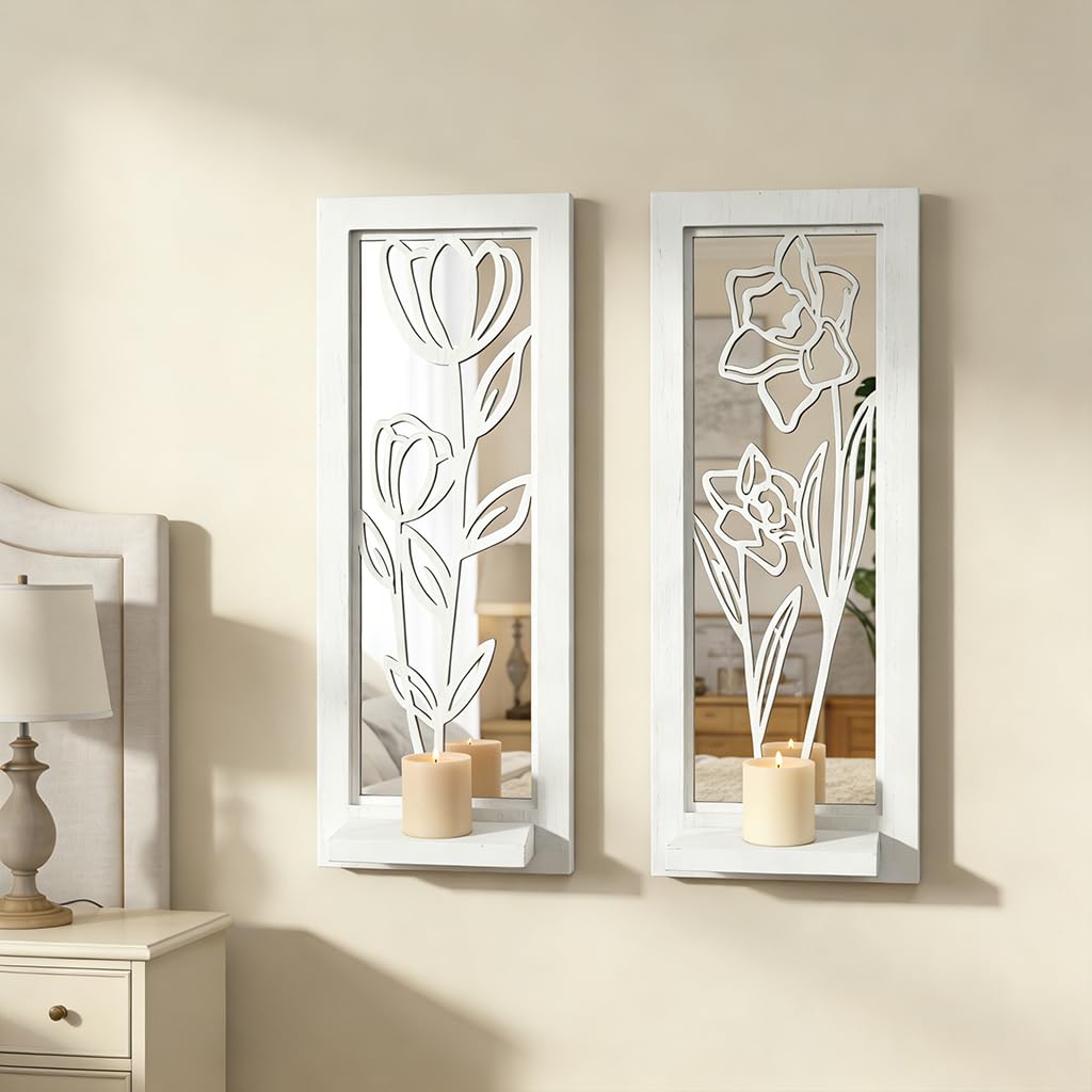 ZEXUIRU 2 Set Rustic Candle Sconces Living Room Bedroom Entryway Wood Mirrored, Farmhouse, Carved Frame Wall-Mount Wooden Candle Holders Wall Decor Hanging Handmade Holder - Distressed White
