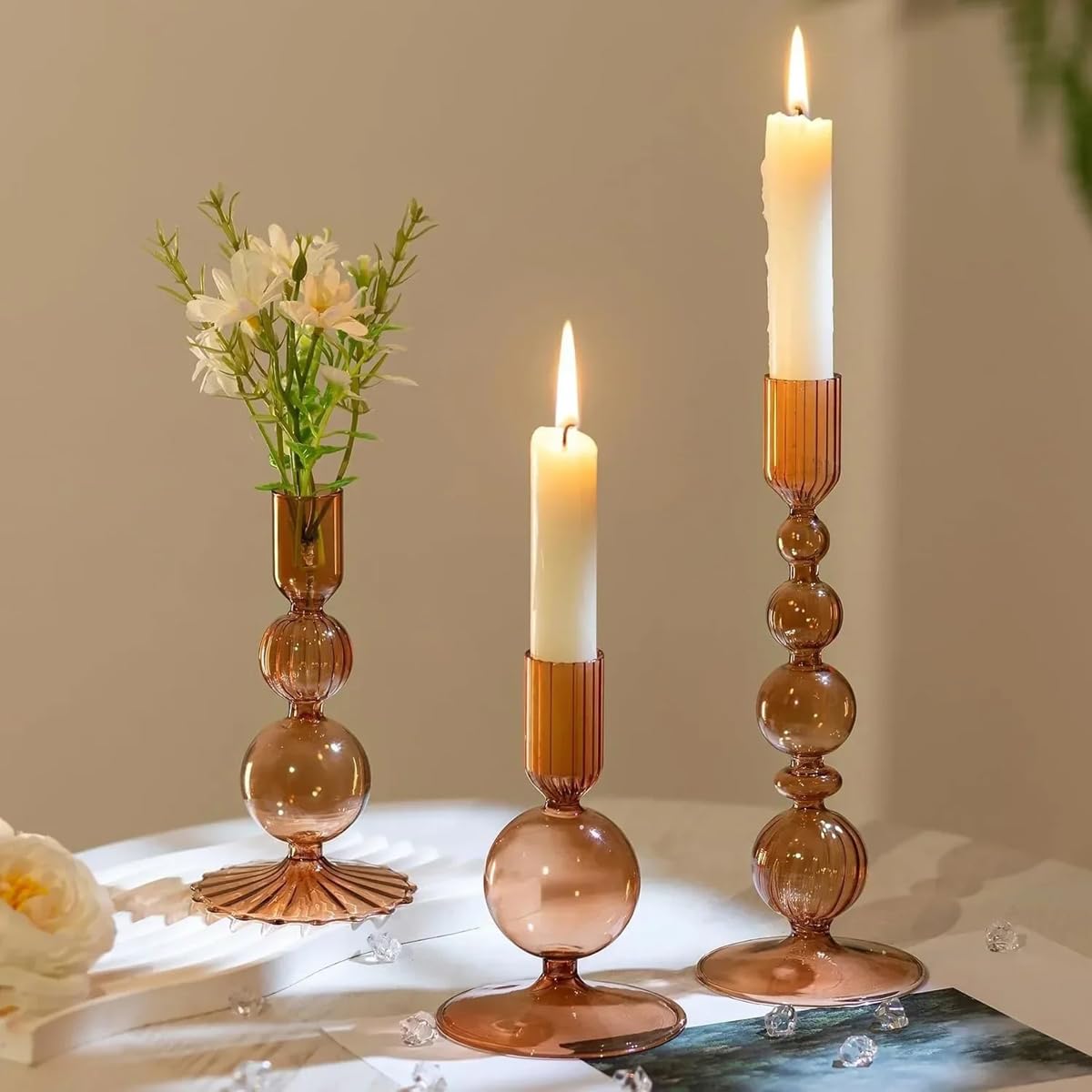 Mineaud 3Pcs Glass Candlestick Holders Glass Taper Candle Holders Groovy Wavy Elegant Candle Stick for Home Party Decoration,Brown