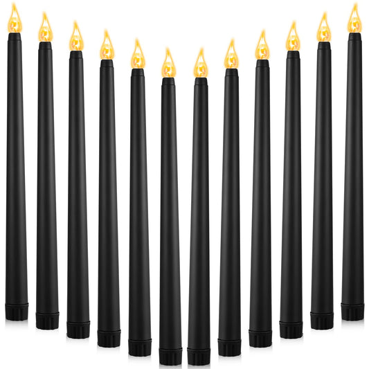 12 Pcs LED Taper Candles Dripless Unscented Flameless Battery Dinner Candles for Halloween, Weddings, Church, Hanukkah, Christmas, Autumn, New Year Celebration (Black)