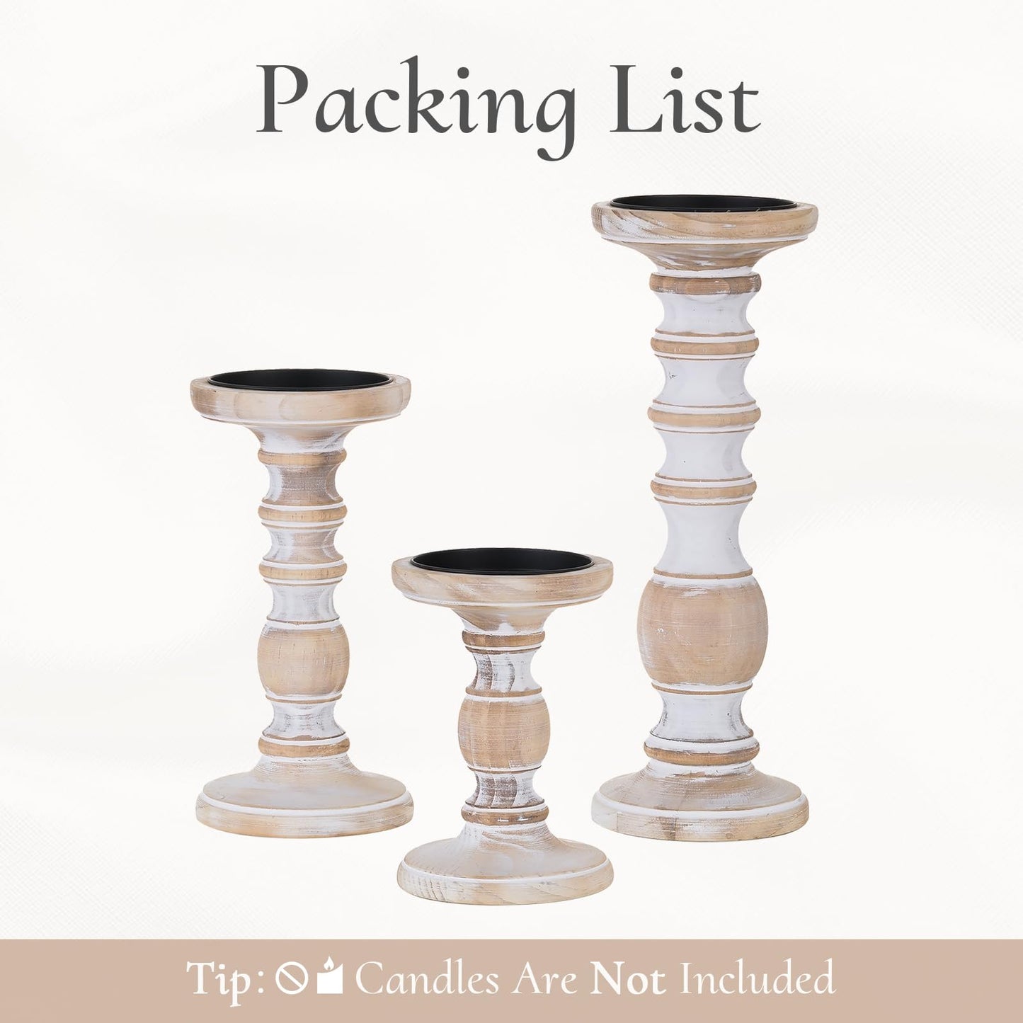 Wood Candle Holders for Pillar Candles - Tall Rustic Candle Holder (Set of 3), Large Farmhouse Candle Holders Candle Stand, Pillar Candle Holder Set for Table Centerpiece, Fireplace, Home, White