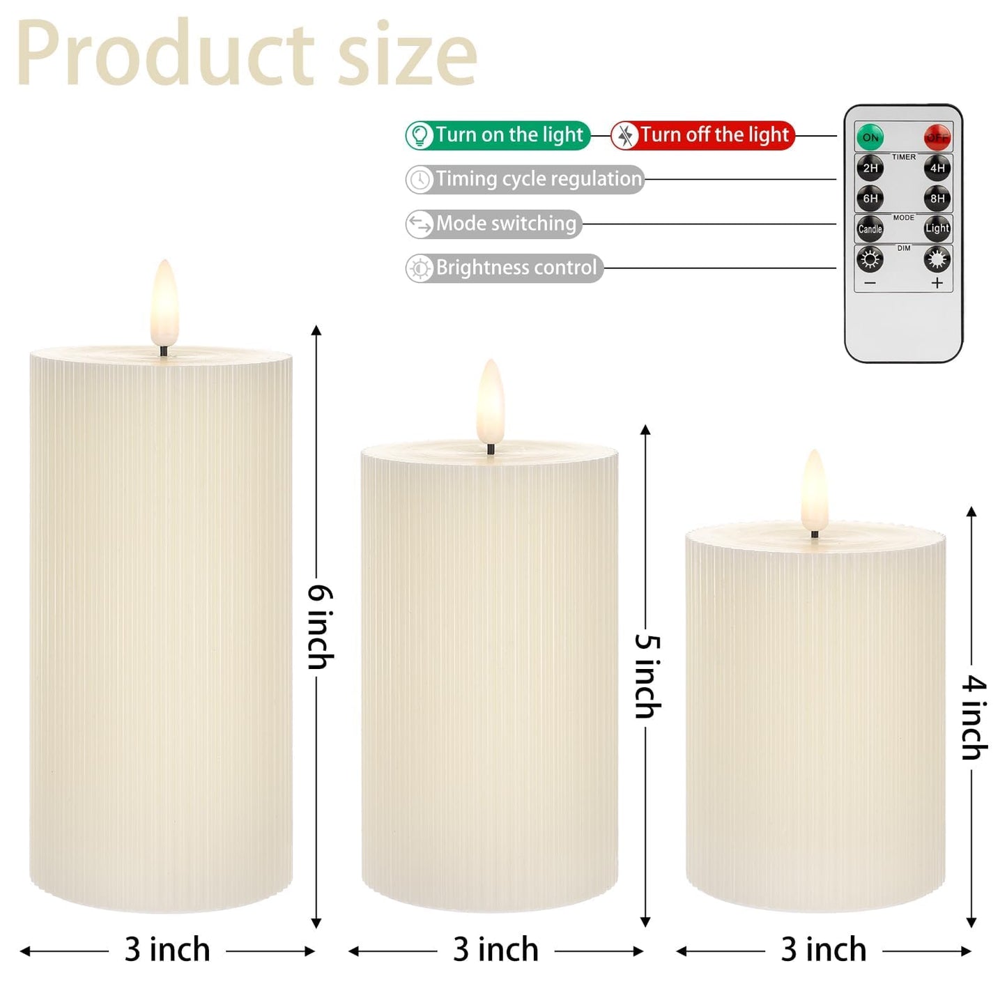 ANGELLOONG Ribbed Flameless Pillar Candles with Remote, Set of 3 Ivory Real Wax LED Candles Battery Operated with 2/4/6/8H Timer for Home Decor, Bathroom, Living Room