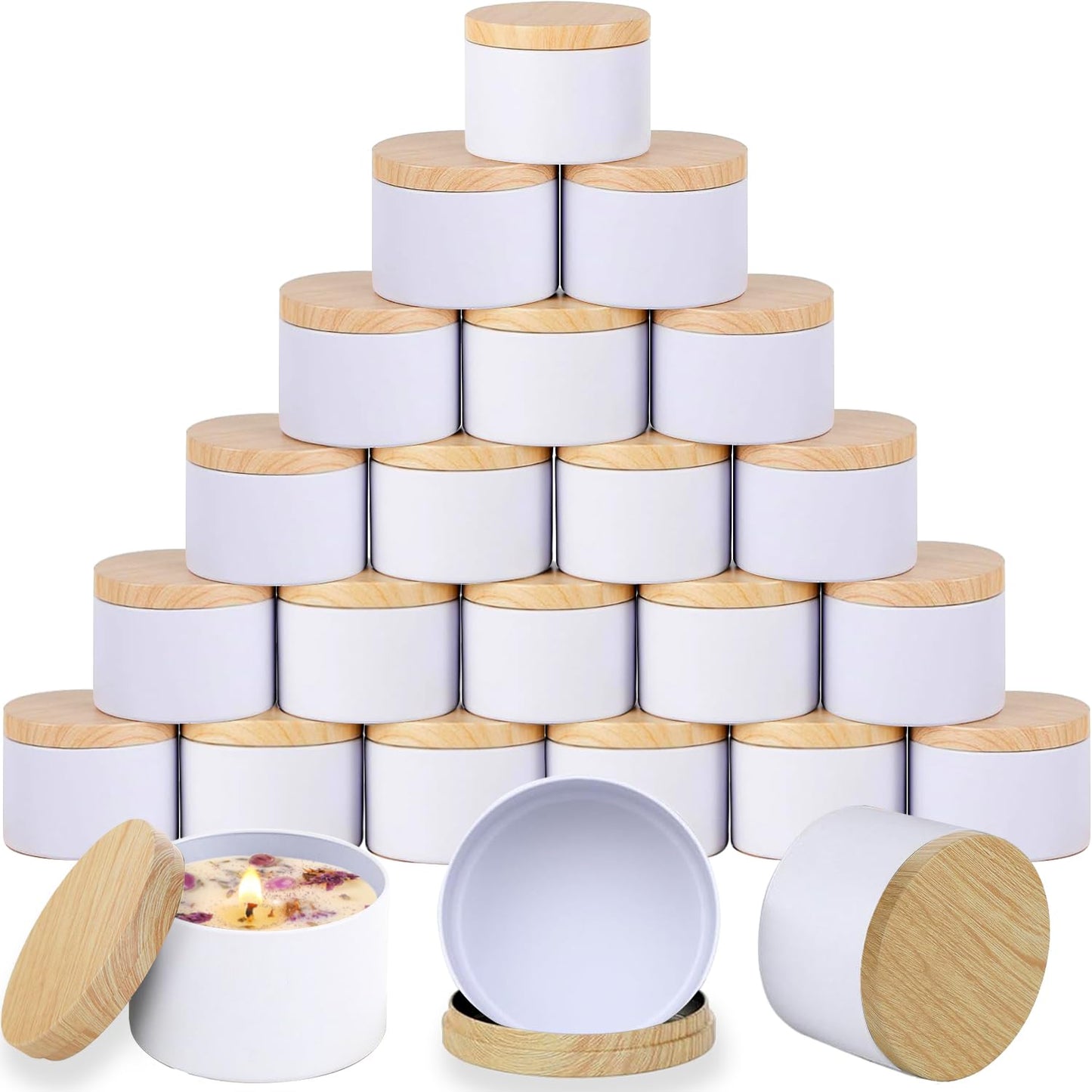 ABK 24PCS 4oz White Candle Tins With Wood Grain Lids, Matte Jars for Candle Making, Empty Metal Container