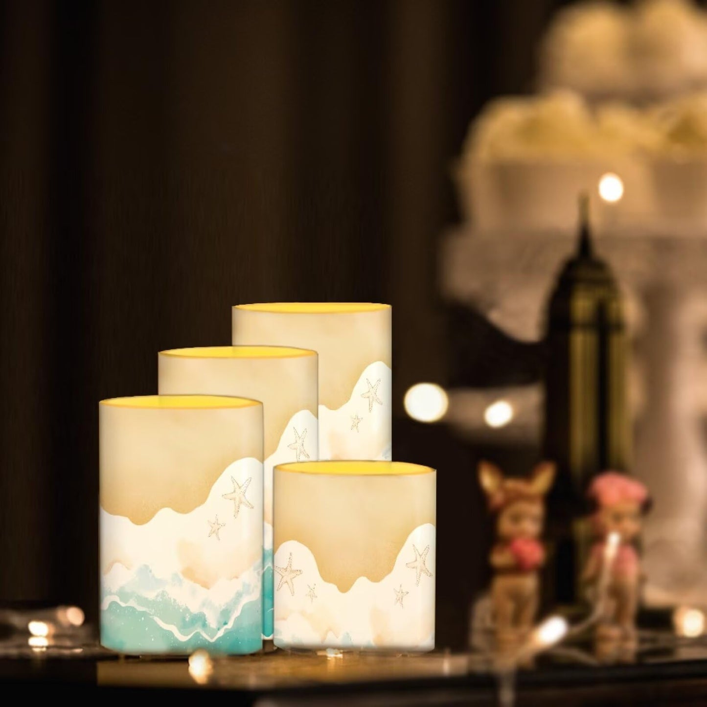 NETILGEN Beach Ocean Wave Flameless Electric LED Pillar Candles with Remote Timer Control Color Changing Long Lasting Tealights Fake Candles Set of 4, Beach Themed Home Decoration