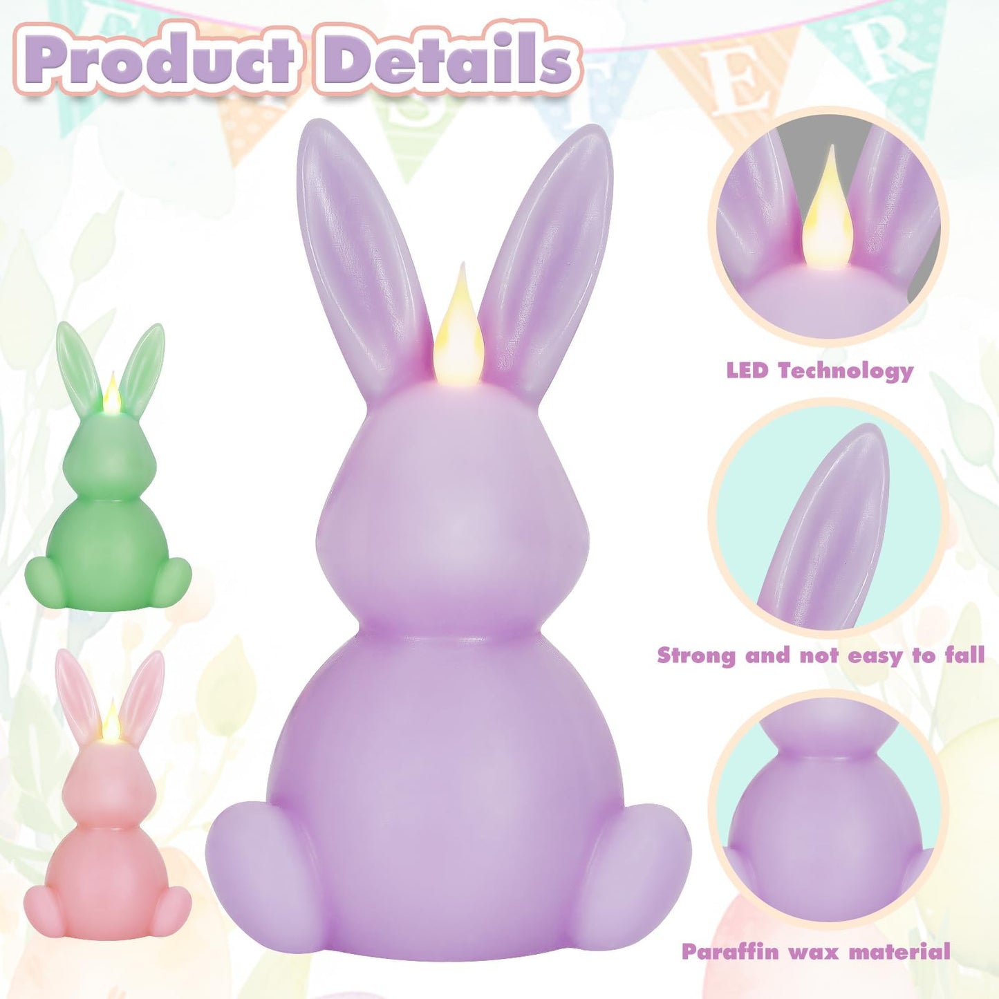 Leorate 3PCS Easter Bunny Flameless Candles – 7.5" Battery Operated LED Rabbit Candles with Flickering Flame, Green Purple Pink Real Wax Finish for Easter Decor, Table Centerpiece & Spring Home