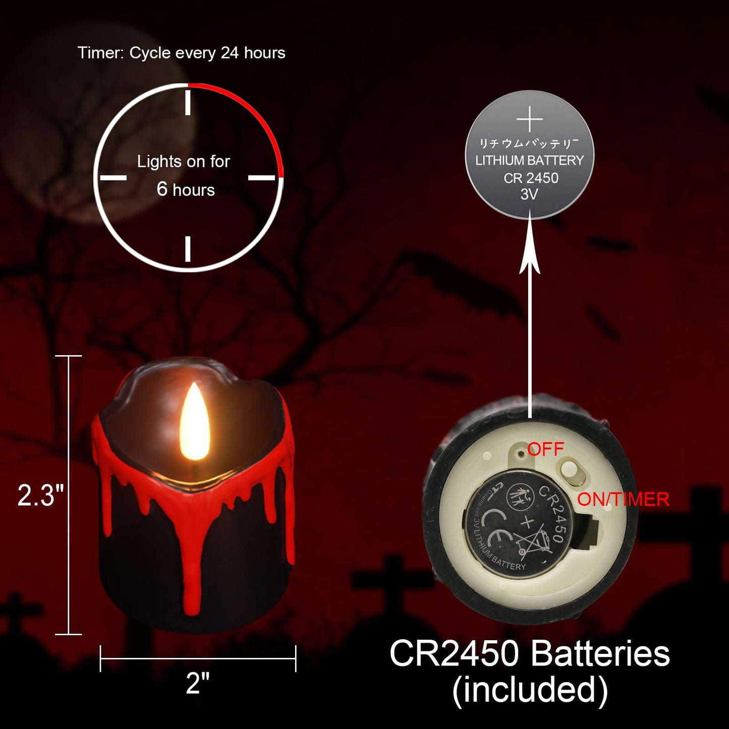 KunSwenn Halloween Black Votive Candles Battery Operated with Long Lasting CR2450 Batteries, LED Flameless Flickering Candles with 6H Timer, 6Pcs Black and Red Drip Wax Candle Gothic Home Decor