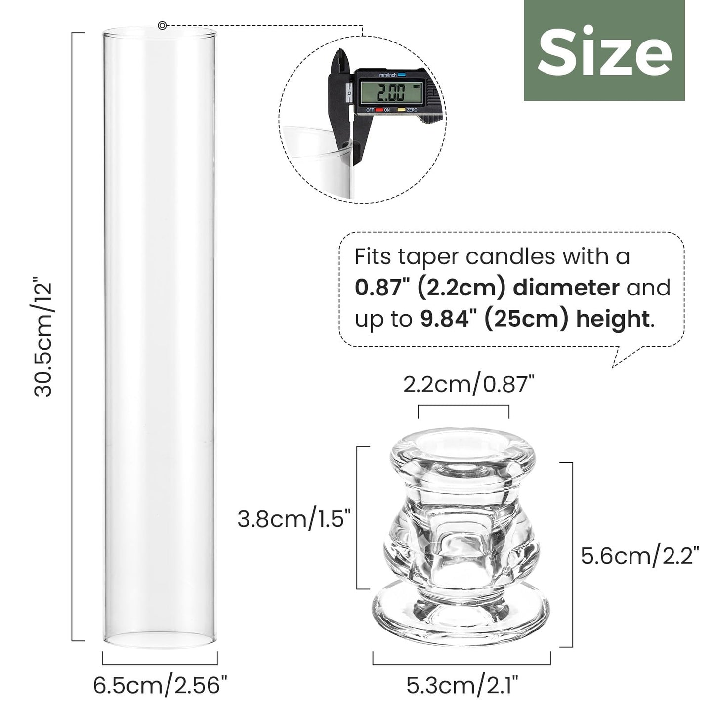 Hurricane Glass Candle Holders - Set of 20 Candlestick Holders for Taper Candles, Clear Candle Holder Bulk with 12” Tall Windproof Cylinder Cover for Festival Wedding Table Centerpiece Party Decor