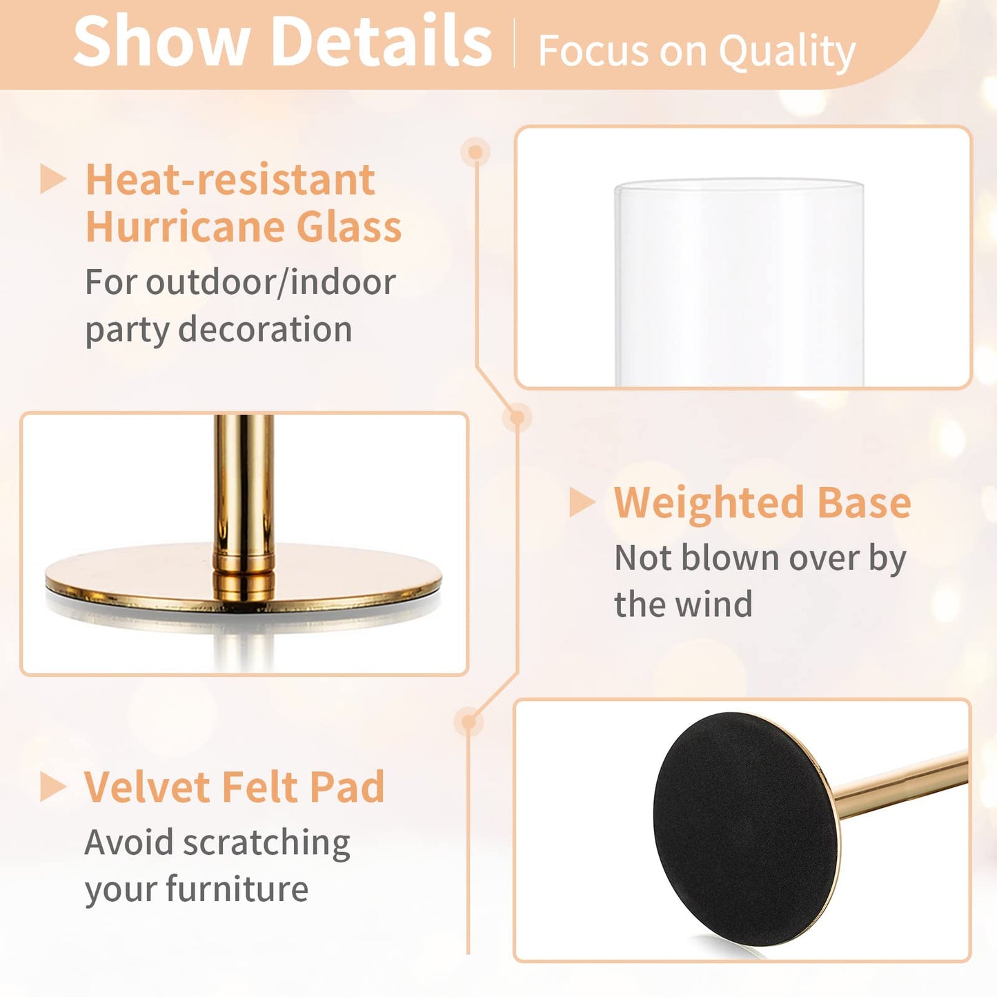 Nuptio Gold Candlestick Holder Tall Hurricane Candle Holder Set of 3 Taper Candle Holders Candle Stand Glass Cover Candlesticks Holders Table Centerpiece for Wedding Party Birthday Christmas Decor
