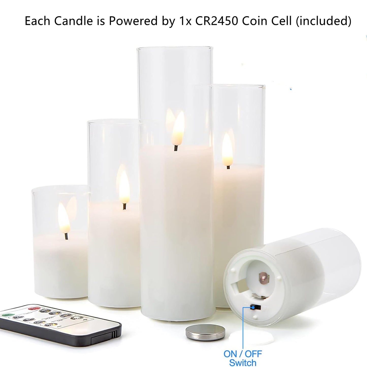 Eywamage Clear Glass Flameless Candles with Remote Batteries, Slim Tall LED Pillar Candles Battery Powered, Set of 5