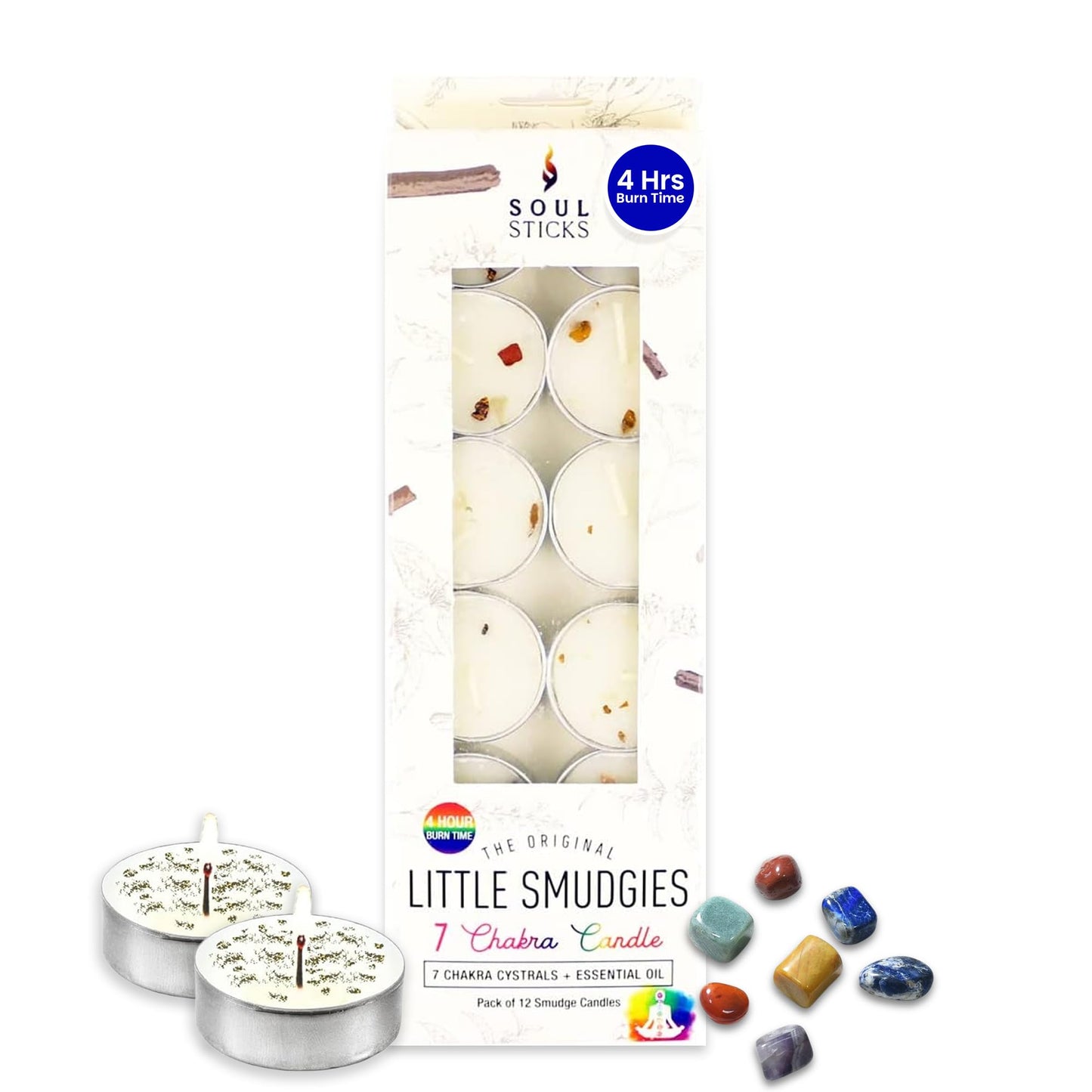 SOUL STICKS 12 Pack Little Smudgies Tealight Candles Smudge Candle for Cleansing House, Meditation, Chakra Healing | Made with Crystals and Herbs (7 Chakra)