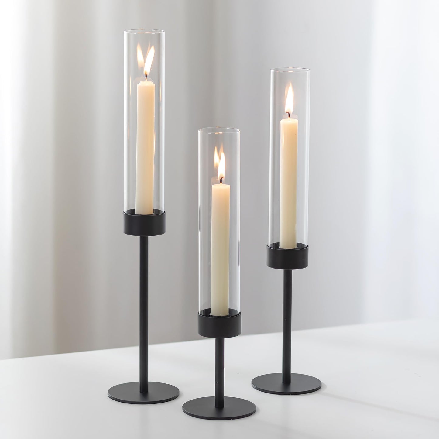 Romadedi Black Candlestick Holders Hurricane - Metal Taper Candle Holder Tall Windproof Glass Cylinder for Indoor Outdoor Table Centerpiece Christmas Halloween Modern Home Decor Set of 3