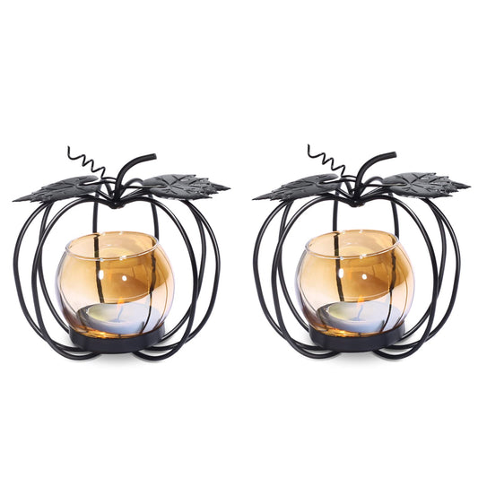 Pumpkin Glass Votive Candle Holder, Set of 2, Decorative Matte Black Iron Tea Light Candle Holder for Home Décor, Thanksgiving Decoration, Halloween Table Decor