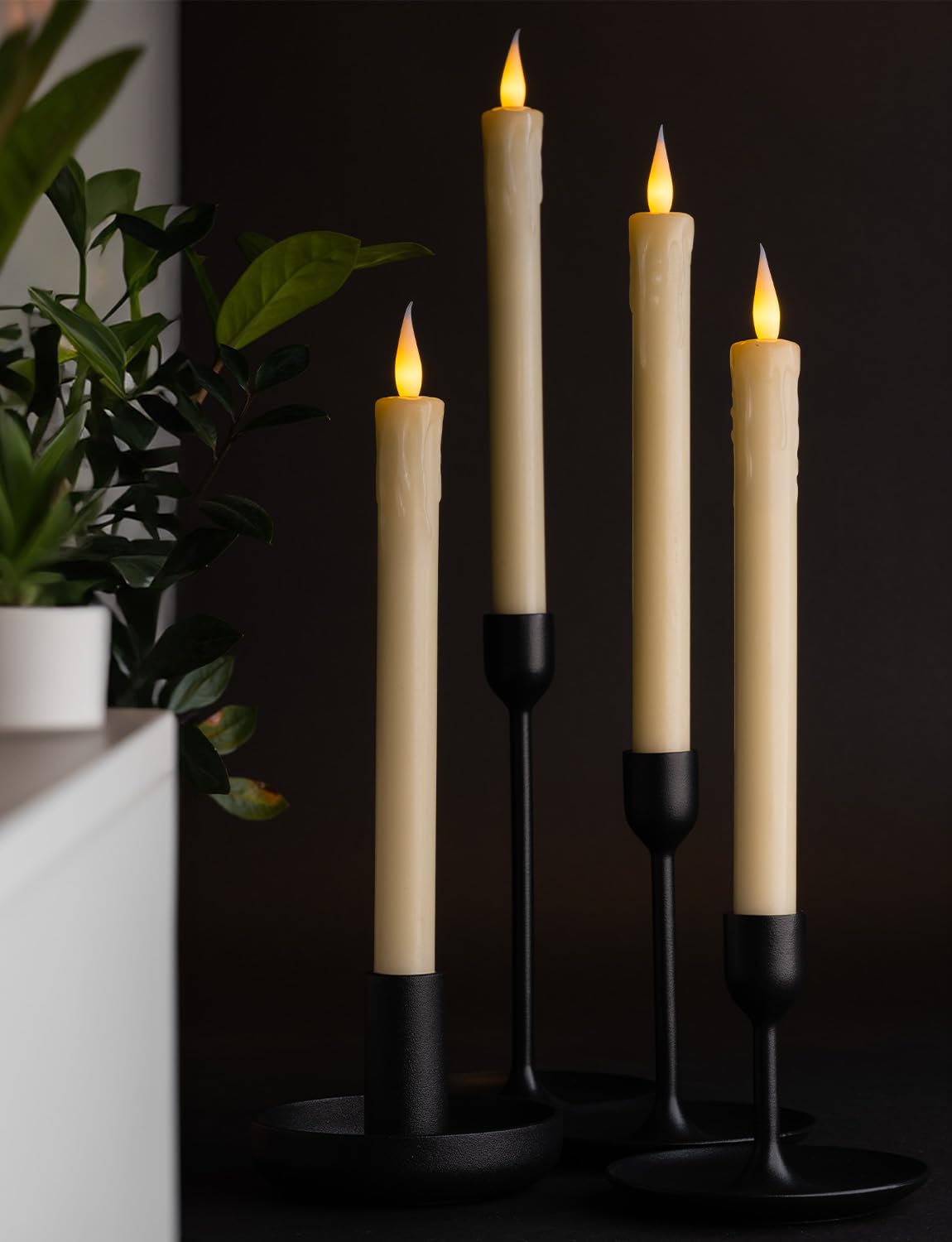WYZworks 24 Pack, 10" LED Flameless Ivory Real Wax Drip Taper Pillar Candles w/Remote Controller, On/Off Button, Dimmable, Flicker/Static Mode, Battery Operated, Christmas Menorah Home Wedding Décor