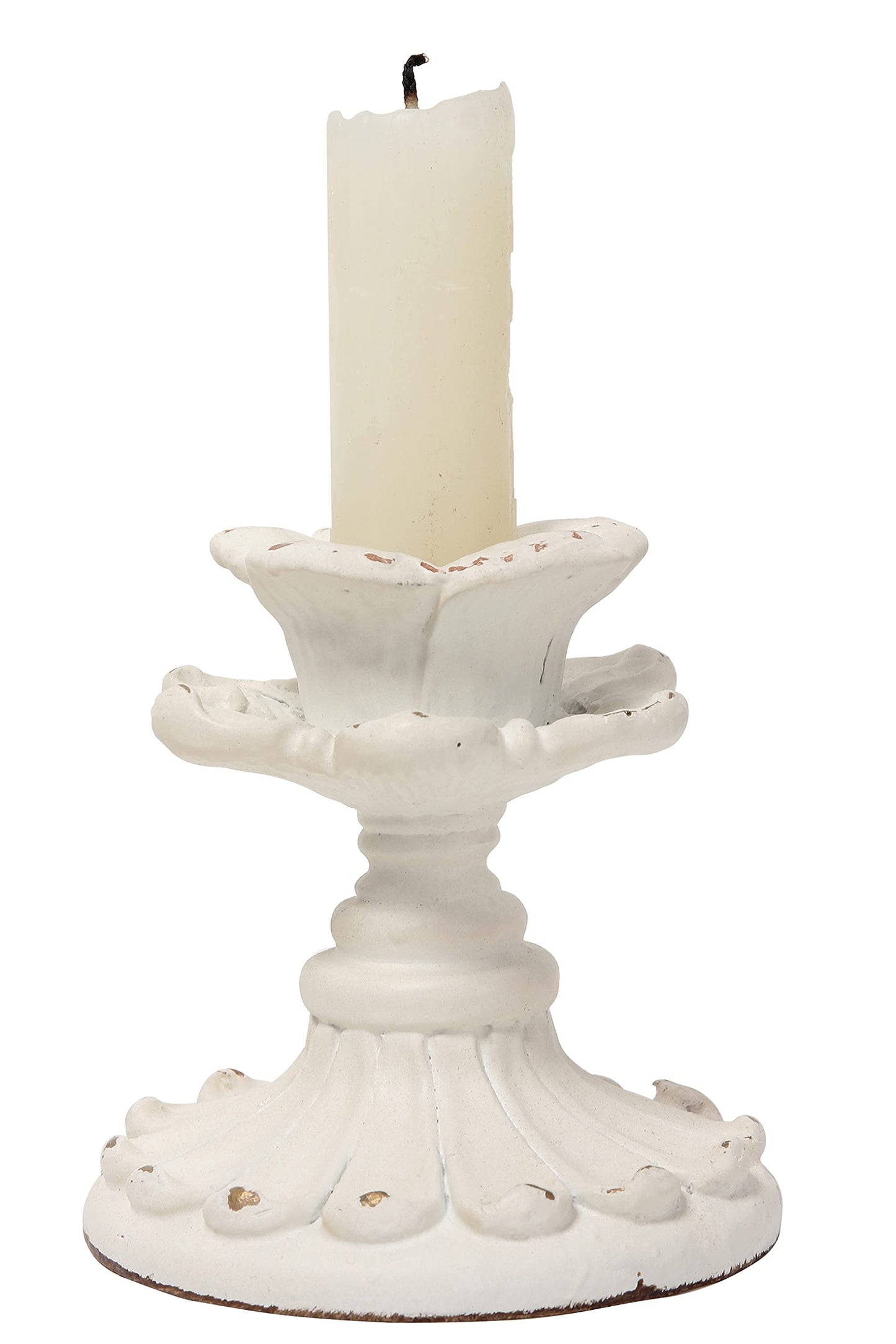 SOFE White Candle Stick Holder Vintage, Flower Candlestick Holder, 3 Inch Resin Taper Candle Holder Small, Short Rustic Candle Centerpieces for Tables, Wedding, Dining, Party