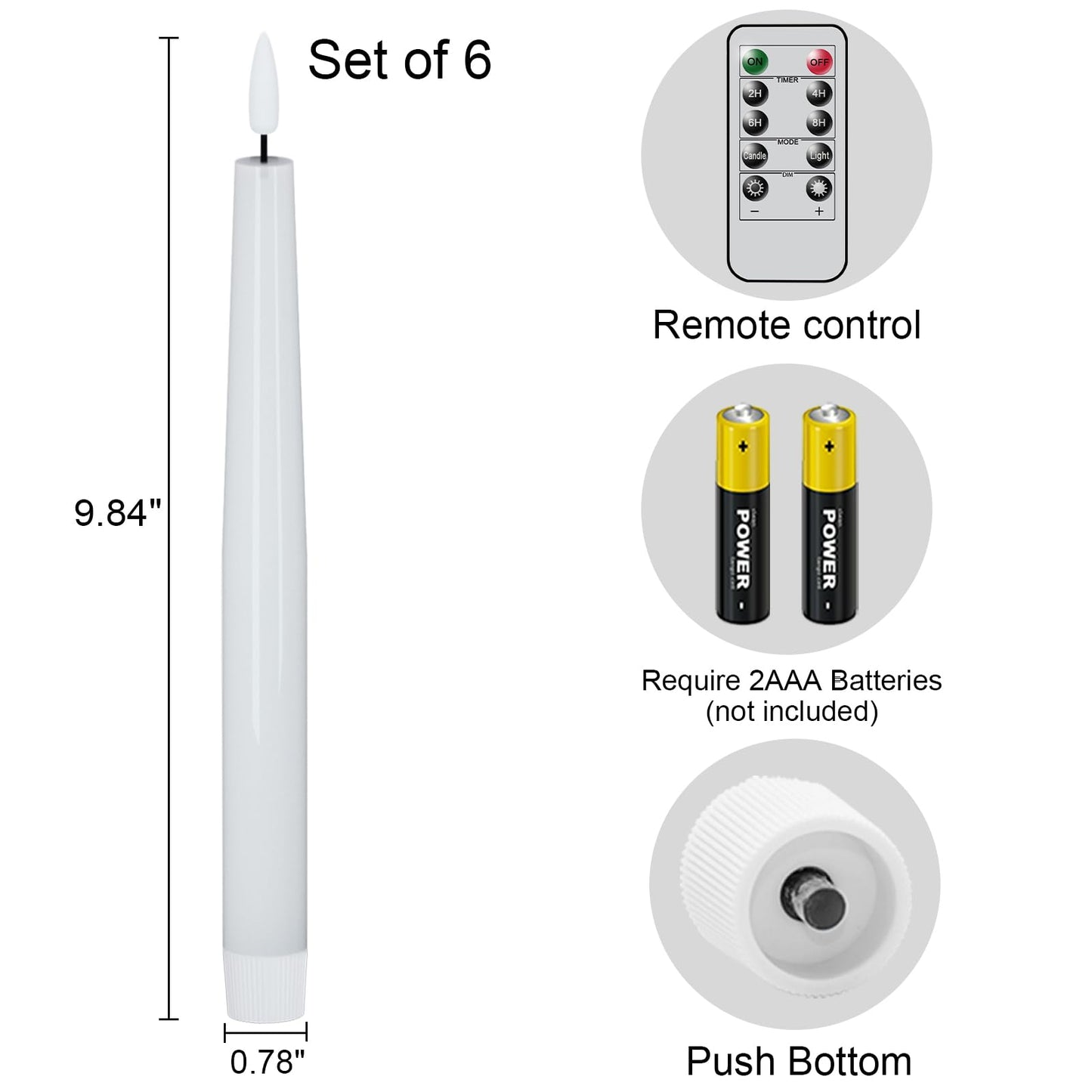 GenSwin LED Taper Candles with Remote Timer, White Flickering Flameless Taper Candles Battery Operated, Real Wax Flameless Candlesticks for Halloween Christmas Decorations(Set of 6, 0.78” x 9.84”)