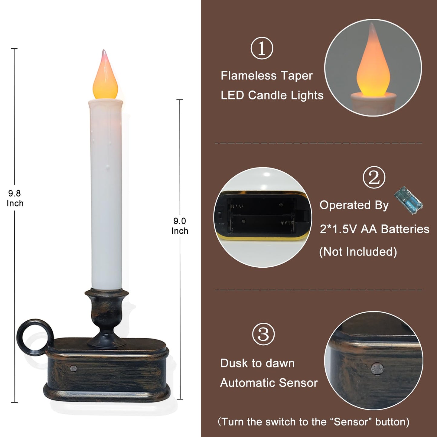 SUNSGNE Battery Operated Window Candles, Flameless Window Candles with Sensor Dusk to Dawn for Holiday Home Table Christmas Decor, 4 Pack, Antique Bronze Base