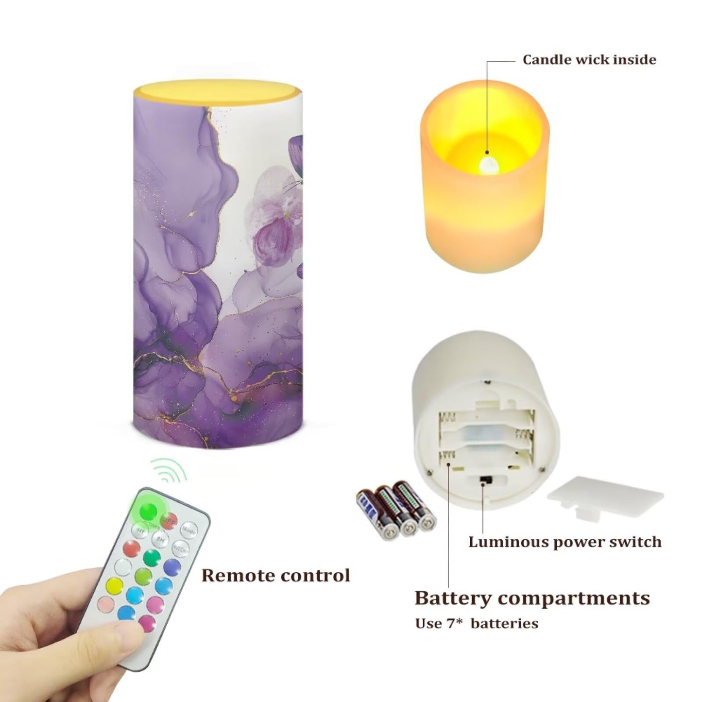 Merkmak Battery Operated Flameless Candles with Remote and Timers Flameless LED Pillar Candles for Camping, Weddings, Home Decoration Battery Tea Lights, Purple Marble