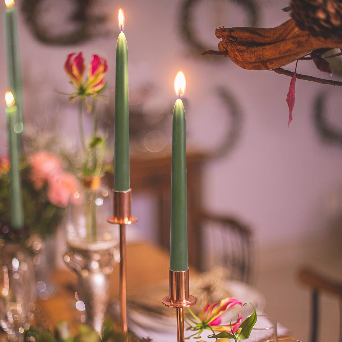 Olorvela Green Beeswax Taper Candles,8" Long Candlestick,smokeless dripless unscented Natural Beeswax Candles.for Gift,Mother's Day (Green, 12 Pack)