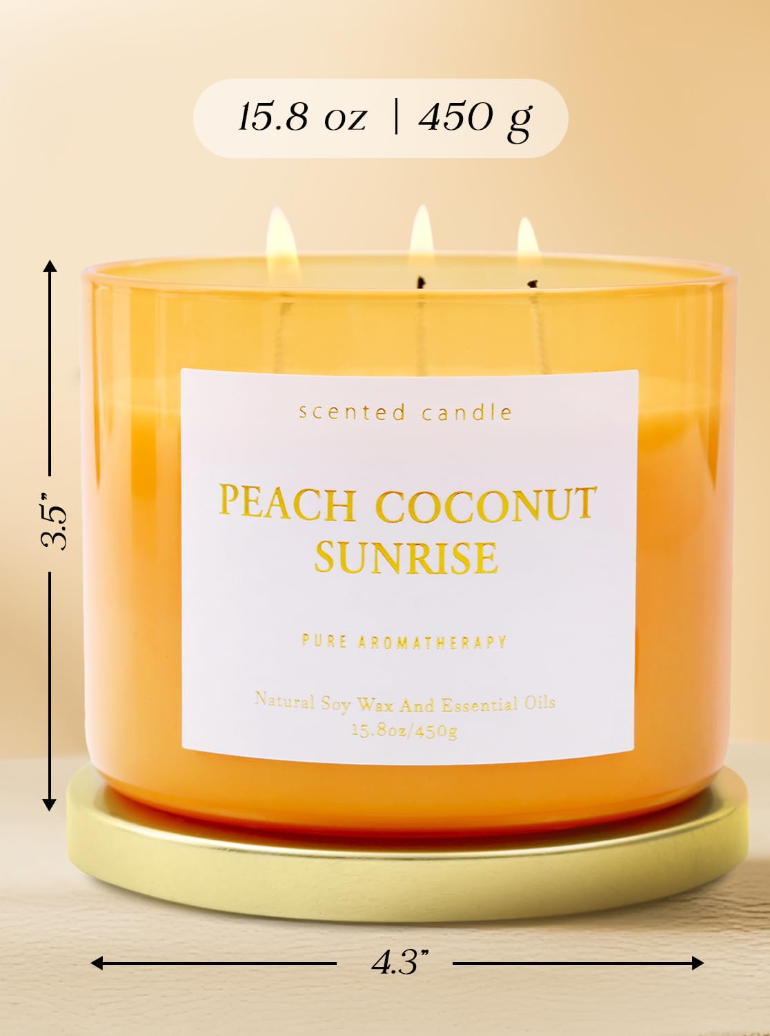 Peach Coconut Sunrise 3-Wick Soy Candle | 15.8 oz Large Aromatherapy Candle for Home | Clean Burn Long Lasting | Tropical Fruit Scent | Gift Ready