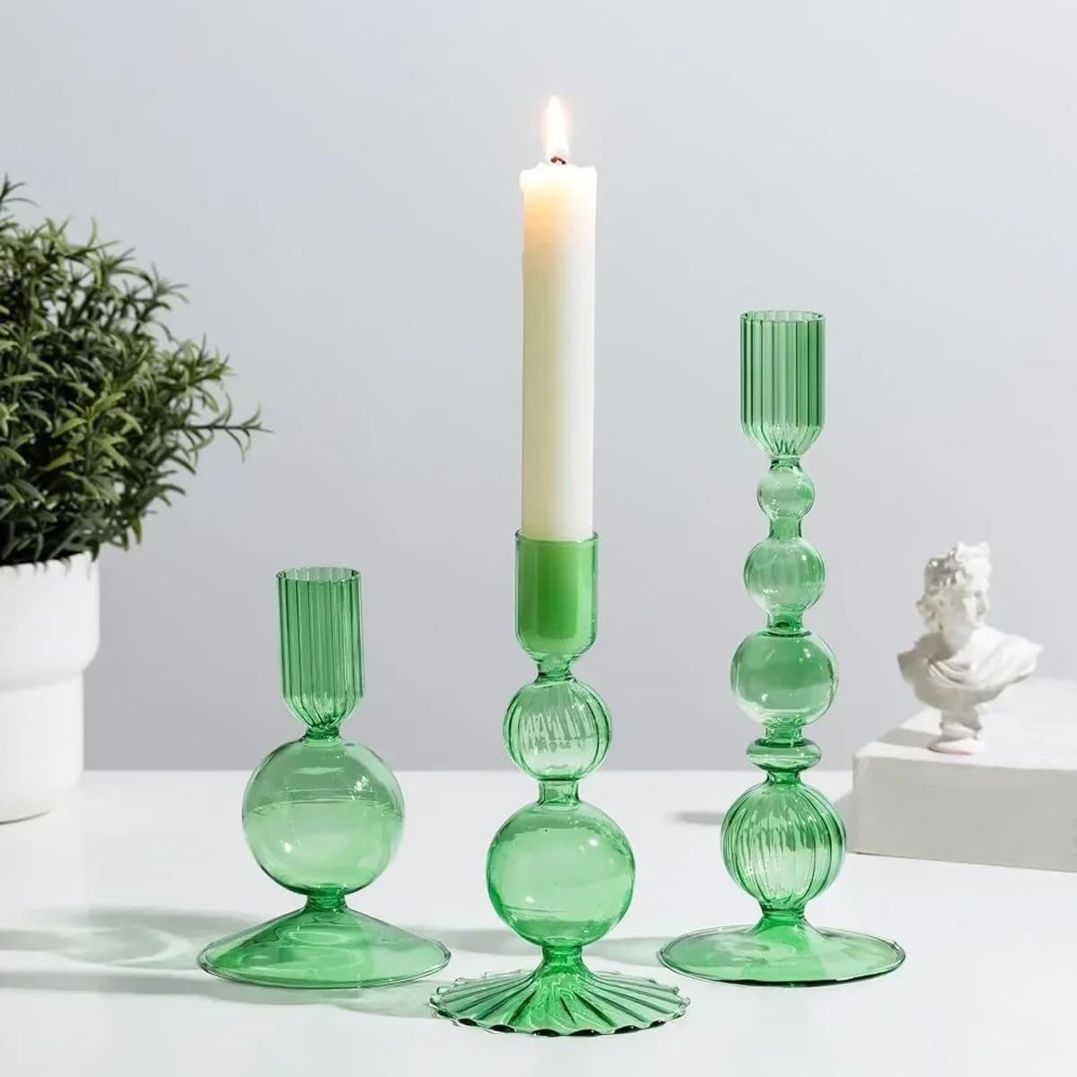 Mineaud 3Pcs Glass Candlestick Holders Glass Taper Candle Holders Groovy Wavy Elegant Candle Stick for Home Party Decoration,Green