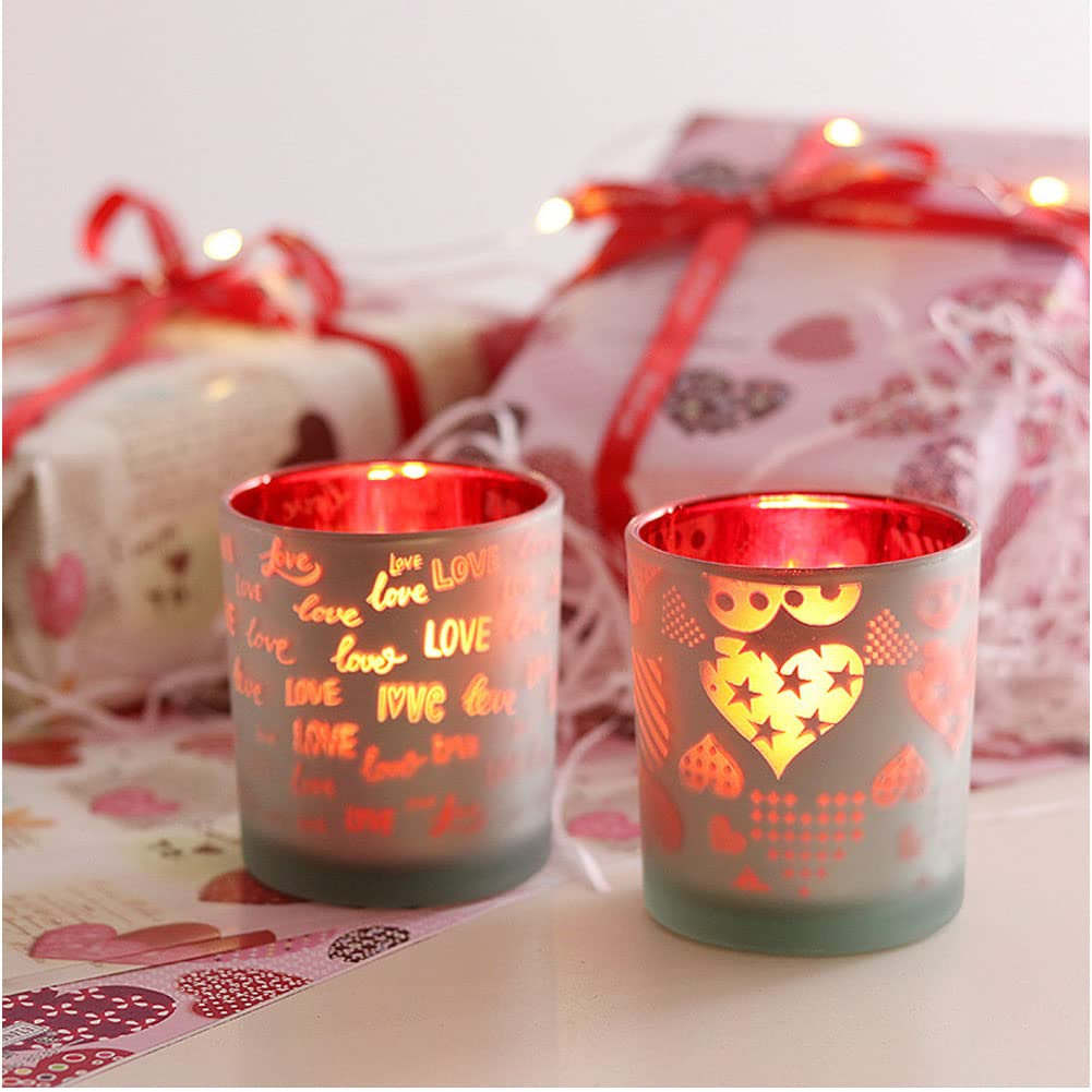 Love Heart Votive Tealight Holders, Set of 2 Valentine's Day Silver & Red Candle Holders Desktop Centerpiece for Home Wedding Anniversary Valentine's Day Table Décor