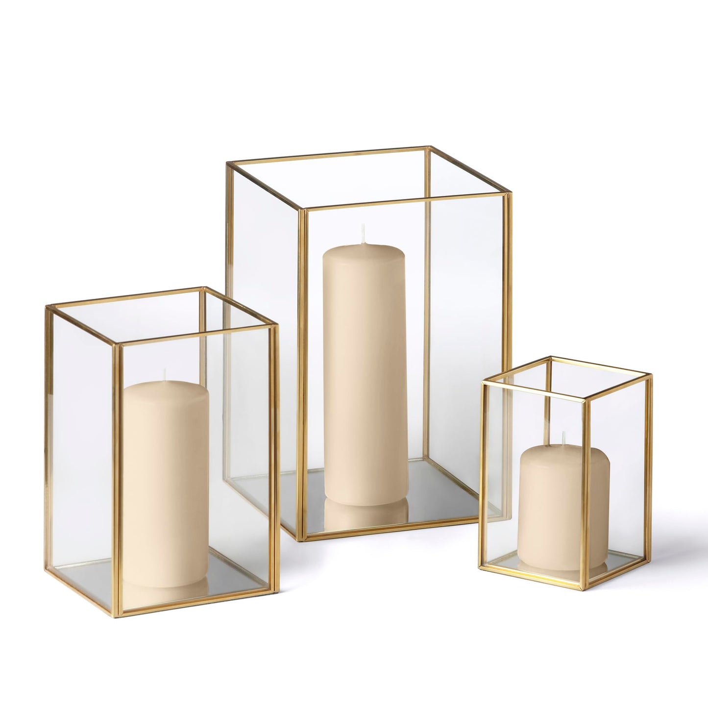 Yummi Set of 36 Slim Pillar Candles & Gold Luxus Lanterns - Antique Beige