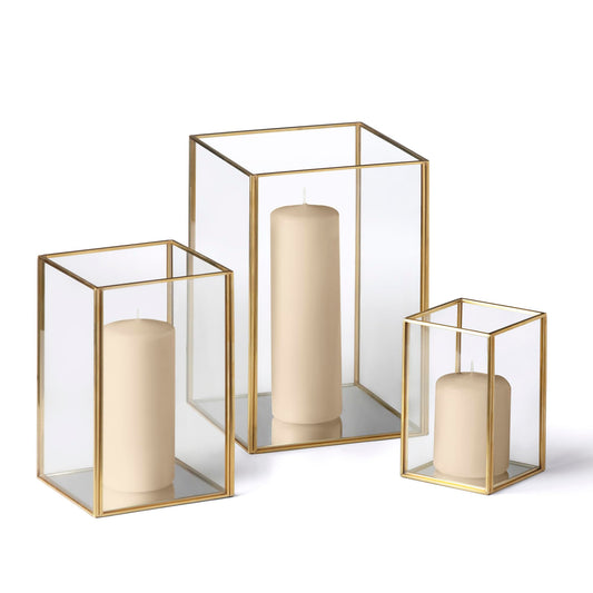 Yummi Set of 36 Slim Pillar Candles & Gold Luxus Lanterns - Antique Beige