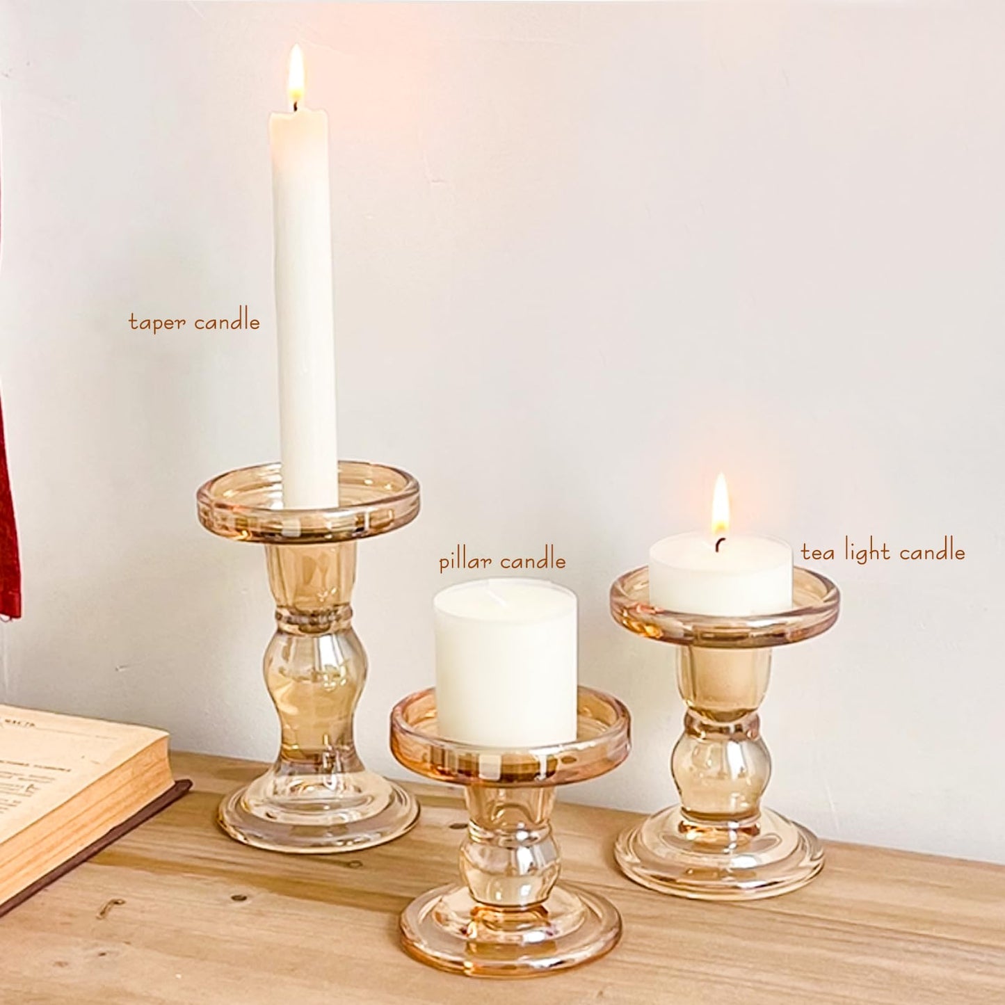 DreamsEden Amber Glass Candle Holder, Set of 3 Crystal Clear Candlestick Stand for Pillar Taper Tealight Candle, 3 Pcs Elegant Candelabra Table Centerpiece Home Living Room Wedding Dinner Party Decor