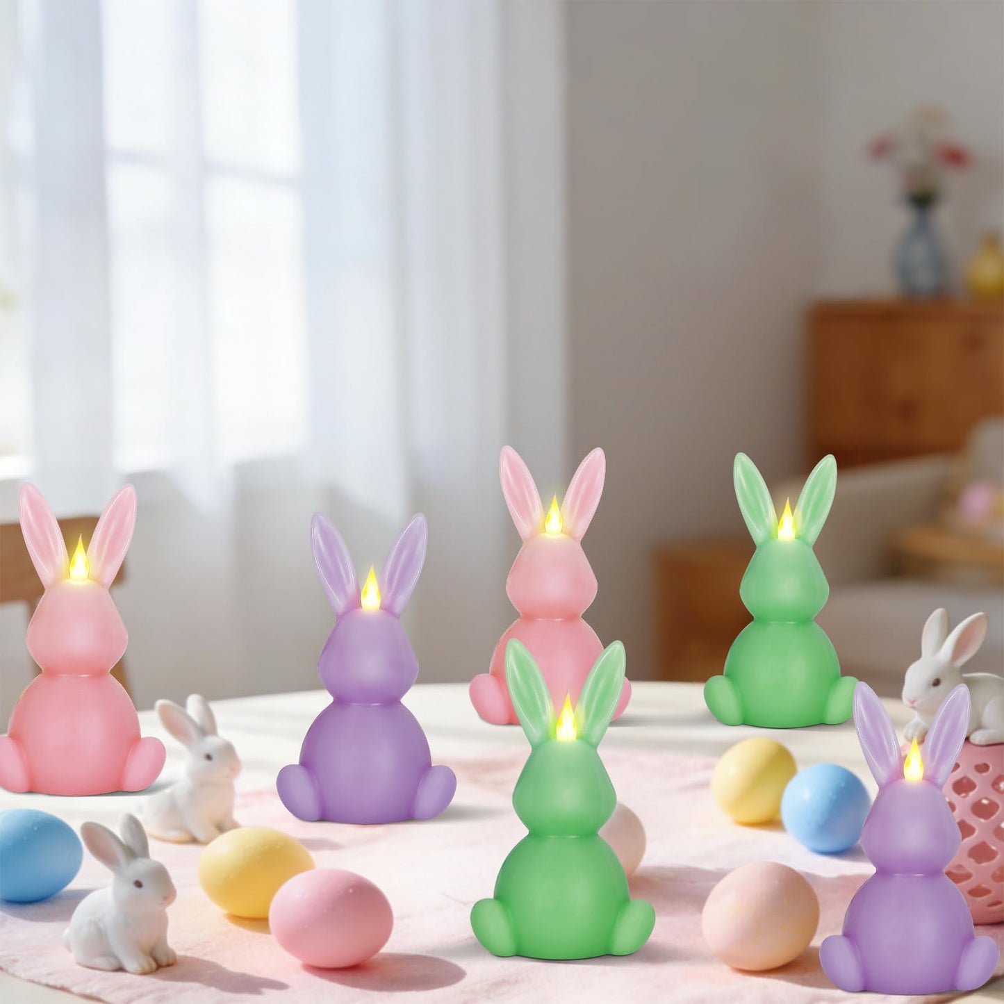 Leorate 6PCS Easter Bunny Flameless Candles – 7.5" Battery Operated LED Rabbit Candles with Flickering Flame, Green Purple Pink Real Wax Finish for Easter Decor, Table Centerpiece & Spring Home