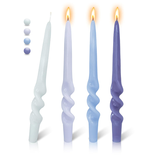 FLAMMUL Gradient Blue Tapered Candles Unscented Twisted Candlesticks 9.5 Inch Smokeless Spiral Candle Sticks for Home Decor Weddings 4 PCS