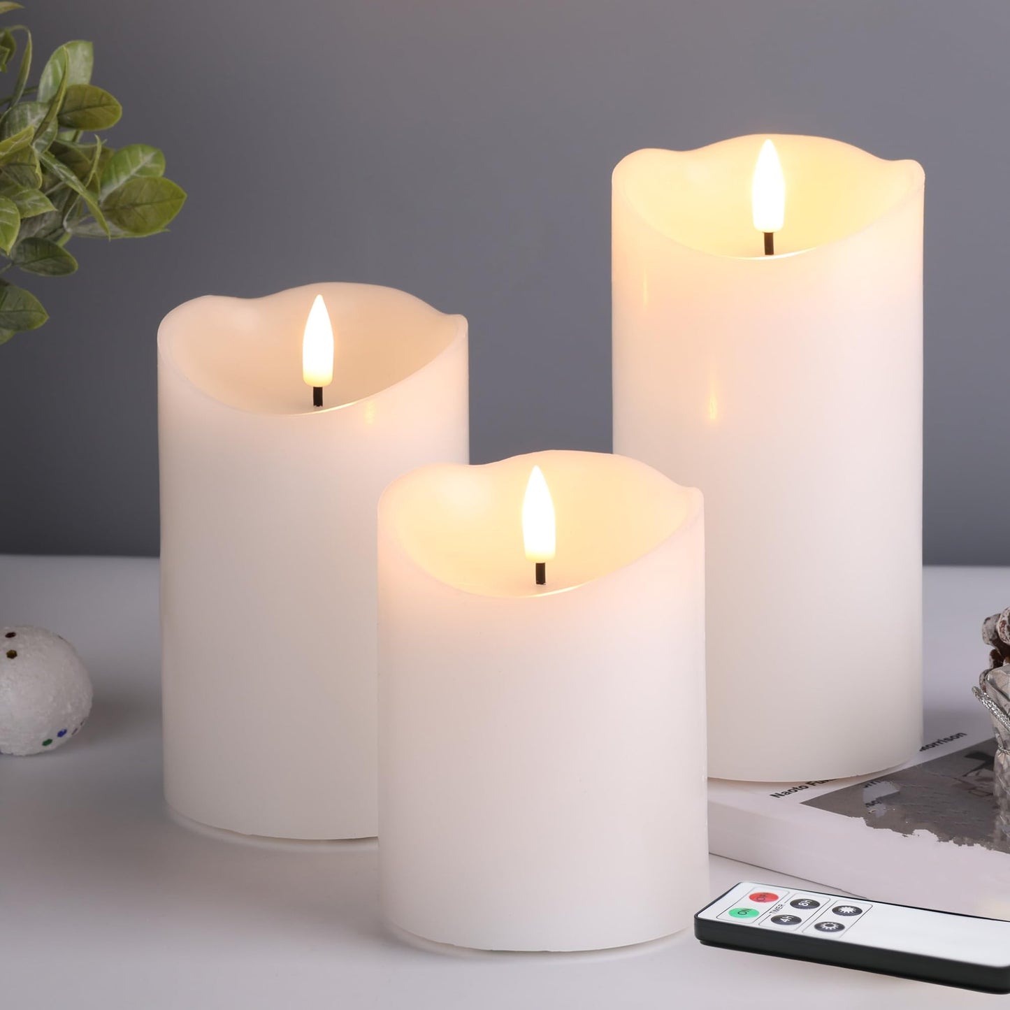 Girimax White Flameless Pillar Candles with Remote, LED Candles Battery Operated, Real Wax Electric Candles Flickering Set of 3