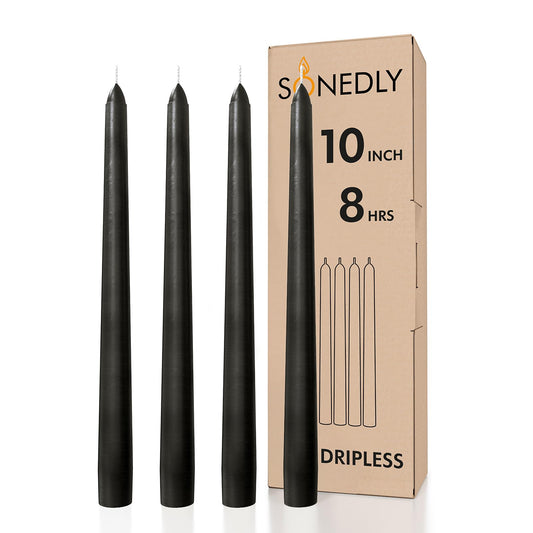 SONEDLY 10 inch Taper Candles 4 Pack - Long Burning Dripless and Smokeless - Ideal for Halloween and Witchcraft - 8-Hour Coal Black Candlesticks