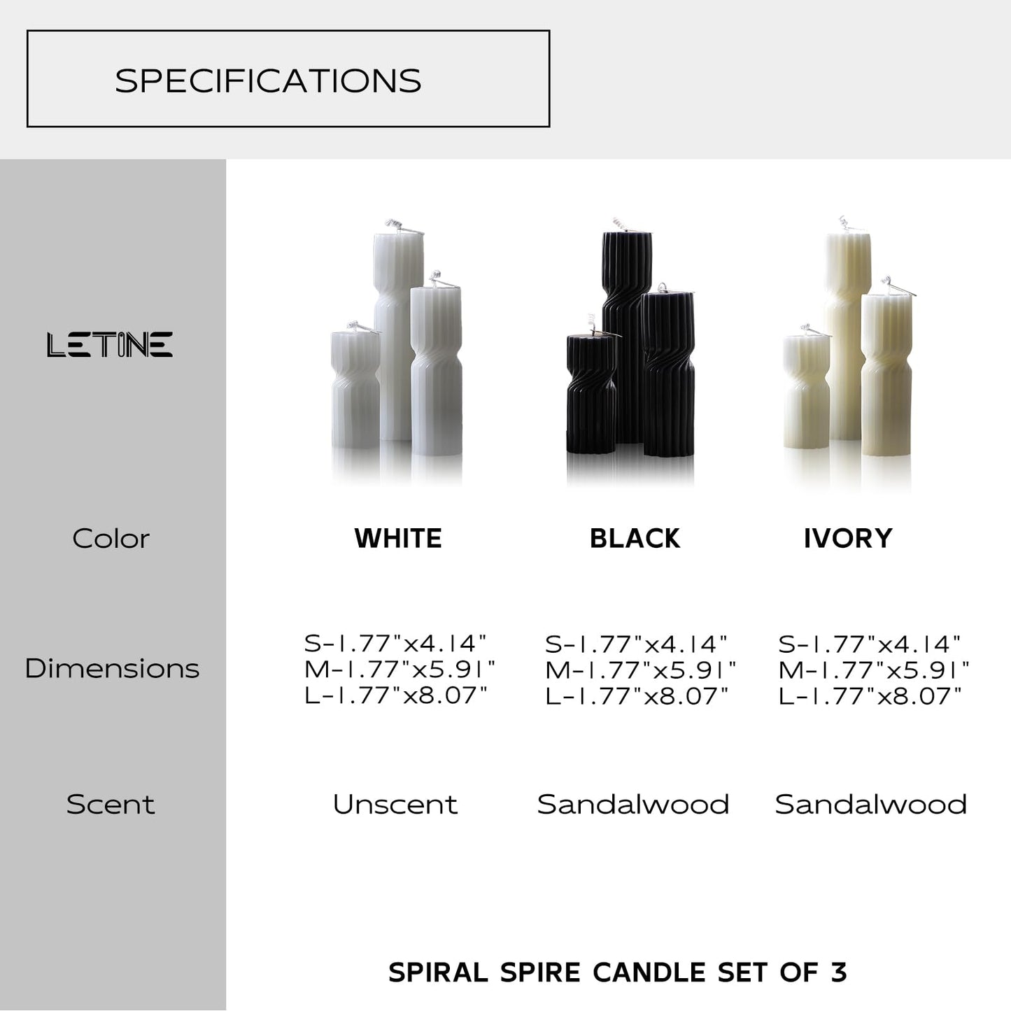 LETINE Black Sandalwood Pillar Candles Set of 3 - Decorative Ribbed Soy Wax Spiral Spire Candles for Home Decor, Bulk Scented Candles for Entryway Table, Living Room& Coffee Table Decor