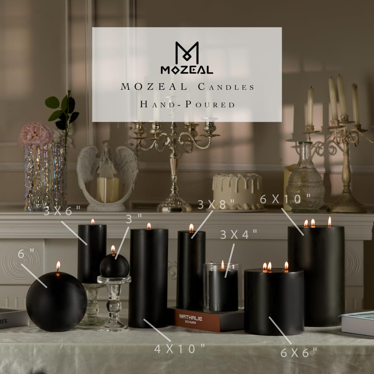 MOZEAL Hand-Poured, 3 Inch Black Round Ball Candles - Elegant Black Round Pillar Candles Set of 3, Dripless, Unscented, Smokeless, Ideal for Halloween Decor.