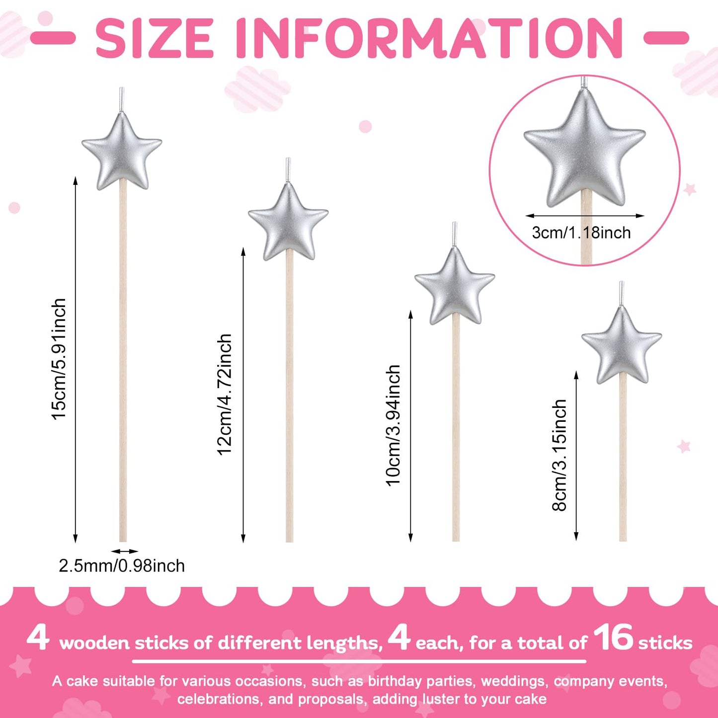 16 Pack Star Candles for Cake Birthday Star Shaped Sparkler Candles Stereo Cake Topper Decorations for Birthday Party Supplies(Silver)