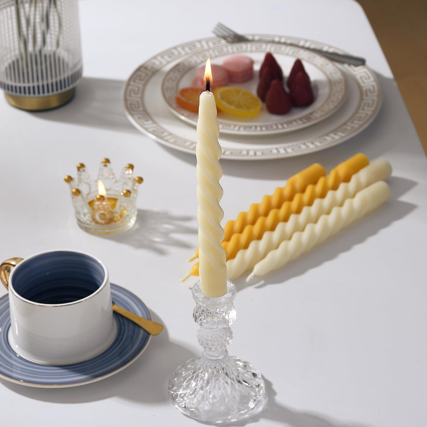 AGLARY 16PCS 7-Inch Pure Beeswax Spiral Taper Candles, Twisted Stick Candles, Dripless & Unscented for Weddings, Christmas, Dinner, Meditation - White