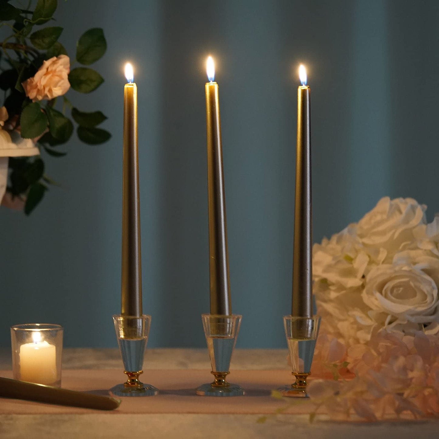 Tableclothsfactory 10" Tall Premium Quality Dripless Unscented Gold Taper Candles Wedding Dinner Candles Set of 12