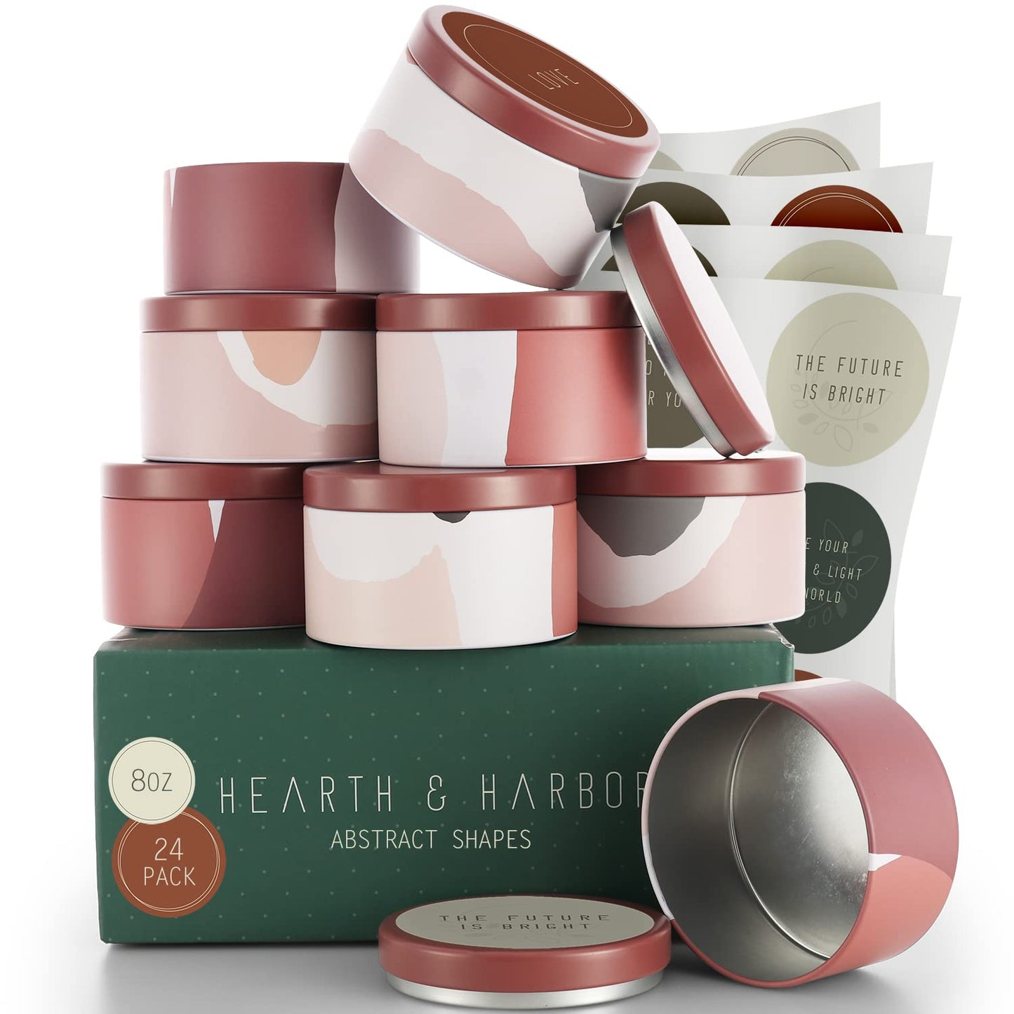 Hearth & Harbor Tin Candle Jars for Making Candles - DIY Candle Containers with Lids - Metal Candle Jars - Bulk Tins Storage for Candle - (24 Pieces) - (8 Ounces) - Abstract Shapes