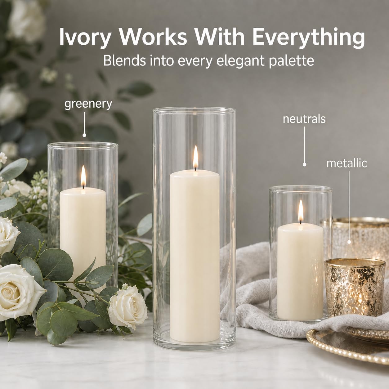 yummi Set of 36 Slim Pillars and Cylinder Vases - Ivory